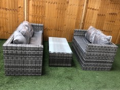 2 SEATER RATTAN GARDEN SOFA AND 3 SEATER RATTAN GARDEN SOFA IN GREY TO INCLUDE GLASS TOP COFFEE TABLE IN GREY