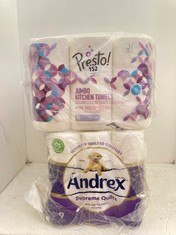 ANDREX SUPREME QUILTS PACK OF 4 (9 ROLLS / EACH) TO INCLUDE PRESTO JUMBO KITCHEN TOWELS PACK OF 12 ROLLS