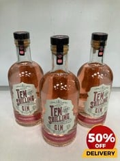 3 X BOTTLES OF SMALL BATCH TEN SHILLING GIN PINK GRAEFRUIT 40% 70CL (18+ ONLY) (COLLECTION DAYS MONDAY 19TH - WEDNESDAY 21ST AUGUST)