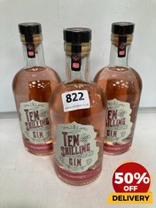 3 X BOTTLES OF SMALL BATCH TEN SHILLING GIN PINK GRAEFRUIT 40% 70CL (18+ ONLY) (COLLECTION DAYS MONDAY 19TH - WEDNESDAY 21ST AUGUST)