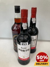 3 X ASSORTED SPIRITS TO INCLUDE ARMILAR PORTO RUBY PORT 19% 75CL (18+ ONLY) (COLLECTION DAYS MONDAY 19TH - WEDNESDAY 21ST AUGUST)