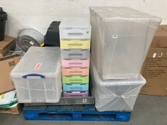 PALLET OF ASSORTED STORAGE TO INCLUDE 8 DRAWER CLEAR / MULTI COLOUR PLASTIC STORAGE DRAWERS (KERBSIDE PALLET DELIVERY)