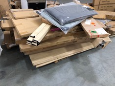 PALLET OF ASSORTED FURNITURE / PARTS TO INCLUDE SATIN BLACK 90CM BED FRAME - PRODUCT CODE. ONY001 (BOX 1/2, PART ONLY) (KERBSIDE PALLET DELIVERY)