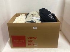 BOX OF ASSORTED ADULT CLOTHING TO INCLUDE GILDAN HOODIE BLACK WITH INTROVERTED MUMS CLUB LOGO SIZE 2XL