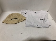 2 X STUSSY CLOTHING TO INCLUDE WHITE EIGHT BALL T-SHIRT WITH BLACK LOGO SIZE M