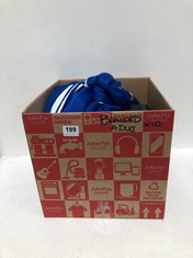 BOX OF ASSORTED ADULT BRANDED CLOTHING TO INCLUDE ADIDAS ZIPPED TRACK JACKET BLUE/WHITE SIZE M