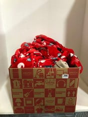 BOX OF ASSORTED ADULT CLOTHING TO INCLUDE BOOHOO CHRISTMAS NOVELTY PRINT ONESIE RED SIZE LG