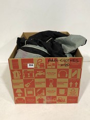 BOX OF ASSORTED ADULT CLOTHING TO INCLUDE SOX LIGHTWEIGHT JACKET BLACK/GREY SIZE LG