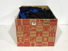 BOX OF ASSORTED ADULT CLOTHING TO INCLUDE BOOHOO MAN LIGHTWEIGHT SHORTS BLACK SIZE LG