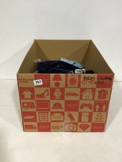 BOX OF ASSORTED KIDS CLOTHING TO INCLUDE MOTHERCARE DUNGAREES NAVY CORDUROY SIZE 12-18MTHS