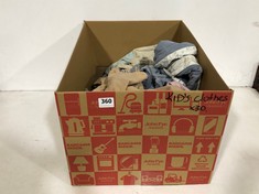 BOX OF ASSORTED KIDS CLOTHING TO INCLUDE TU DUNGAREE DRESS BEIGE CORDUROY SIZE 18-24MTHS