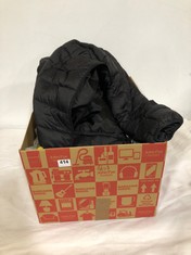 BOX OF ASSORTED ADULT CLOTHING TO INCLUDE BLACK HOODED PUFFER COAT SIZE LG