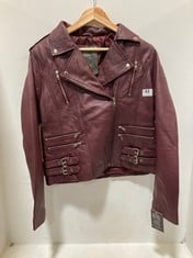 INFINITY LONDON BIKER STYLE JACKET BURGUNDY SHEER WAX LEATHER SIZE LG