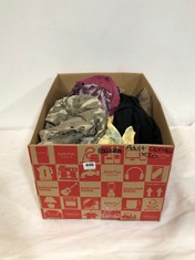 BOX OF ASSORTED ADULT CLOTHING TO INCLUDE DENIM CO. LONG SHORTS BROWN CAMO SIZE 32W