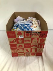 BOX OF ASSORTED KIDS CLOTHING TO INCLUDE M&S HOODED OVER SHIRT BLUE/WHITE CHECK SIZE 12-18MTHS