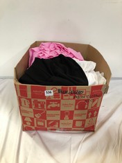 BOX OF ASSORTED ADULT CLOTHING TO INCLUDE ZACK ELASTIC BOTTOM CROPPED HOODIE BLACK SIZE S/M