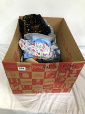 BOX OF ASSORTED KIDS CLOTHING TO INCLUDE NEXT BLACK/GOLD SEQUIN SKIRT SIZE 6YRS