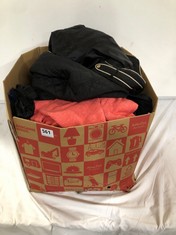 BOX OF ASSORTED ADULT CLOTHING TO INCLUDE ESMARA QUILT JACKET BLACK SIZE EUR-44