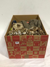 BOX OF ASSORTED ADULT CLOTHING TO INCLUDE BOOHOO+ LONG SLEEVE MINI DRESS GOLD SEQUIN SIZE 16