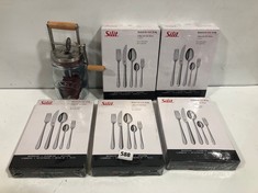 BOX OF ASSORTED HOUSEHOLD ITEMS TO INCLUDE SILIT CUTLERY SET 30-PIECE