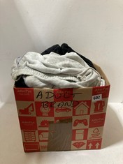 BOX OF ASSORTED ADULT BRANDED CLOTHING TO INCLUDE ADIDAS SWEAT SHORTS LIGHT GREY MARL SIZE LG