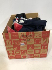 BOX OF ASSORTED ADULT CLOTHING TO INCLUDE CREED III T-SHIRT RED WITH WHITE LOGO SIZE XXL