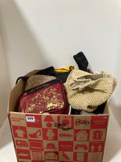 BOX OF ASSORTED BAGS/PURSES TO INCLUDE HARRY POTTER DELUXE LUNCH BAG BURGUNDY/GOLD