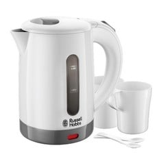 QTY OF ITEMS TO INLCUDE 1X RUSSELL HOBBS ELECTRIC 0.85L TRAVEL KETTLE, SMALL & COMPACT, DUAL VOLTAGE, IDEAL FOR ABROAD/CARAVAN/CAMPING, INC 2 CUPS & SPOONS, REMOVABLE WASHABLE ANTI-SCALE FILTER, WATE