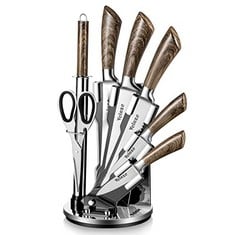 2 X VELAZE KNIFE SETS, 8-PIECE STAINLESS STEEL KITCHEN SET WITH SHARPENER AND SPINNING BLOCK - WOOD COLOR.