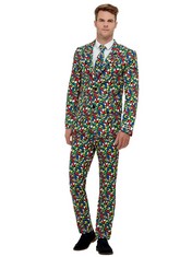 QTY OF ITEMS TO INLCUDE X10 ASSORTED FANCY DRESS TO INCLUDE SMIFFYS RUBIK'S CUBE SUIT FOR ADULTS, JACKET, TROUSERS & TIE WITH BUTTON AND ZIPPER FASTENING, OFFICIAL RUBIK'S CUBE LICENSE OUTFIT WITH MA