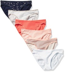 QTY OF ITEMS TO INLCUDE X50 ASSORTED WOMEN’S UNDERWEAR TO INCLUDE ESSENTIALS WOMEN'S COTTON BIKINI BRIEF UNDERWEAR (AVAILABLE IN PLUS SIZE), PACK OF 6, DOTS/MULTICOLOUR/STARS/STRIPES, 12, ESSENTIALS