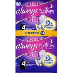 QTY OF ITEMS TO INLCUDE 6X ASSORTED SANITARY PADS TO INCLUDE ALWAYS PLATINUM ULTRA SECURE NIGHT WITH WINGS SIZE 4 14 PADS, ALWAYS DISCREET INCONTINENCE PADS - SMALL (2 PACKS OF 20).