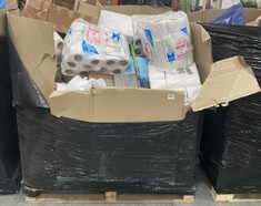 PALLET OF ASSORTED ITEMS TO INCLUDE QTY OF 36 PACK OF TOILET PAPER - 2 PLY