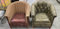 DARK GREEN LEATHER HIGH BACK ARMCHAIR TO INCLUDE BROWN LEATHER / TARTAN PATTERN HIGH BACK ARMCHAIR