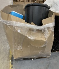 PALLET OF ASSORTED ITEMS TO INCLUDE LARGE BLACK PLASTIC GARDEN BIN