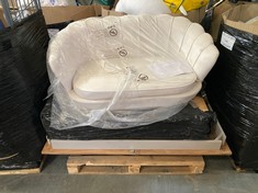 PALLET OF ASSORTED ITEMS TO INCLUDE 2 SEATER ROUND BACK SHELL SHAPED SOFA IN CREAM