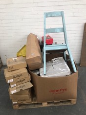 PALLET OF ASSORTED ITEMS TO INCLUDE LIGHT BLUE WOODEN DINING CHAIR