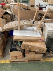 PALLET OF ASSORTED ITEMS TO INCLUDE WHITE / WOODEN 2 SEATER DINING TABLE