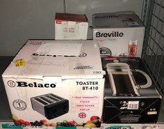 QUANTITY OF KITCHEN & APPLIANCES ITEMS TO INCLUDE TOASTER 4 SLICE TOASTER BT410 STEELINESS STEEL HOUSING BLACK TOASTER 1300W AUTO PUP UP FUNCTION, VARIABLE ELECTRONIC TIMING CONTROL, BLACK: LOCATION