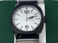 MENS FRANK SCHMIDT WATCH - LARGE BLACK CASE - WHITE PILOT DIAL - BLUE FABRIC STRAP - 3ATM WATER RESISTANT - GIFT BOX INCLUDED - EST £290: LOCATION - TOP 50 RACK