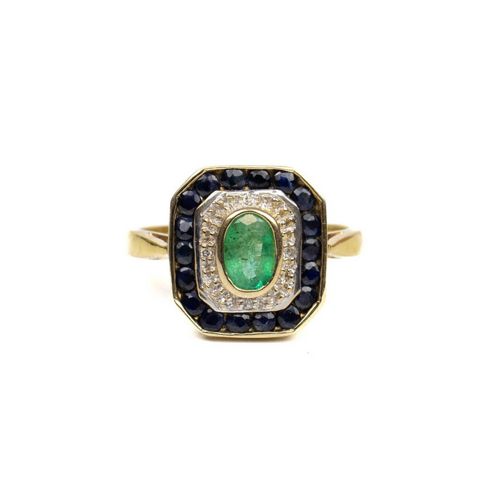 18ct Yellow Gold 0.10ct Diamond Pavé, Green Stone and Blue Stone Halo Hexagonal Ring, Size L, 3.3g.  Auction Guide: £150-£200 (VAT Only Payable on Buyers Premium)