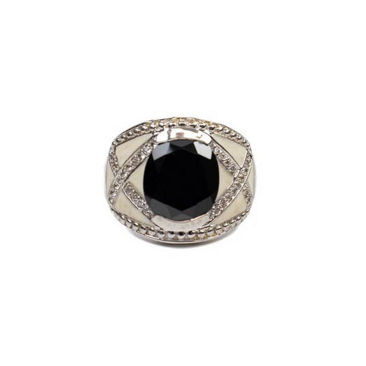 Silver Black Oval Faceted Stone with Pavé on White Enamel Ring, Size M, 8.3g