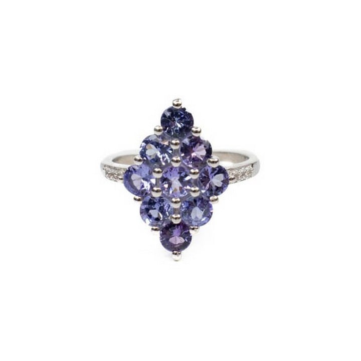 Silver Nine Purple Round Faceted Stones with Clear Stone Pavé Shoulders Diamond Shape Ring, Size M, 2.7g