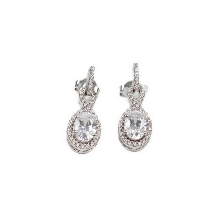 Silver Oval Faceted Clear Stone with Clear Stone Pavé Twist Drop Earrings, 2cm, 3.6g