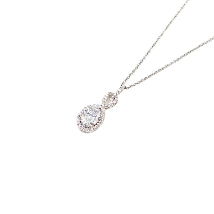 Silver Oval Faceted Clear Stone with Clear Stone Pavé Twist Pendant and Chain, 45cm, 2.9g