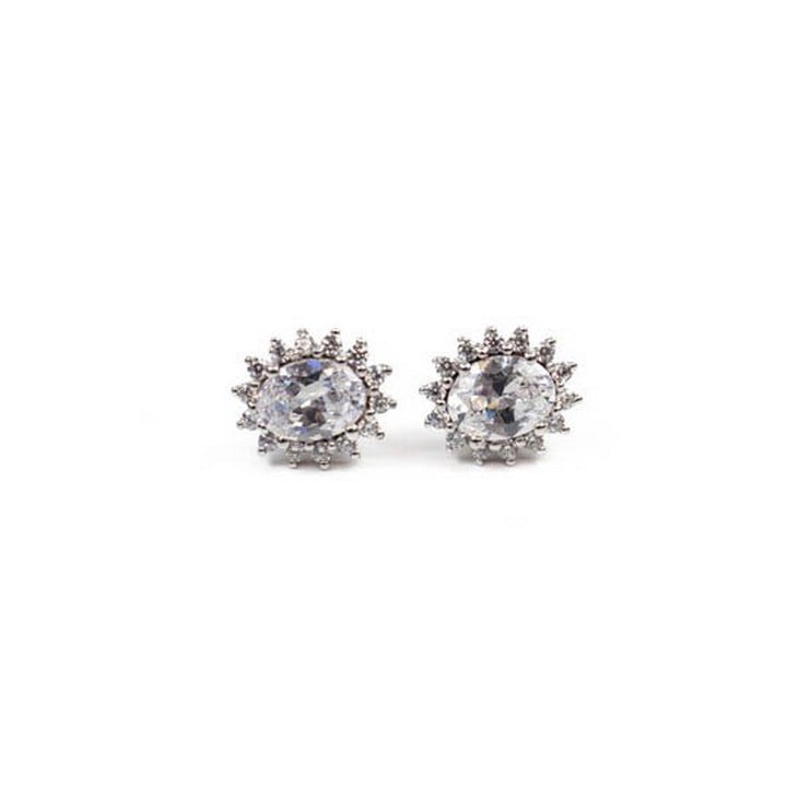 Silver Oval Faceted Clear Stone with Clear Stone Halo Stud Earrings, 1.2x1cm, 3.5g