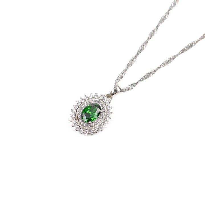 Silver Green Stone with Double Halo Clear Stone Pendant and Twist Chain, 50cm, 4g