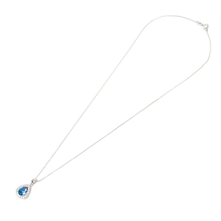 Silver Blue Pear Faceted Stone with Clear Stone Halo Pendant and Chain, 45cm, 2.8g