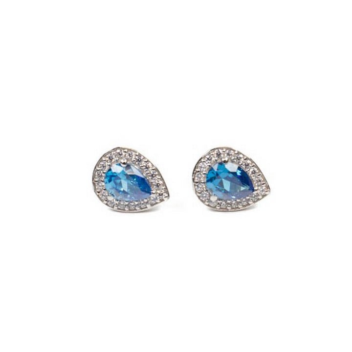 Silver Blue Pear Faceted Stone with Clear Stone Halo Stud Earrings, 1.5x1cm, 3.7g