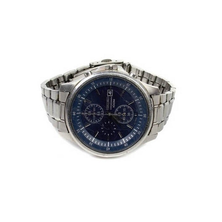 Seiko 297151 Stainless Steel Chronograph Quartz Watch with Blue Dial. Scratched Crystal and missing Crown (Not Currently Running) (VAT Only Payable on Buyers Premium)